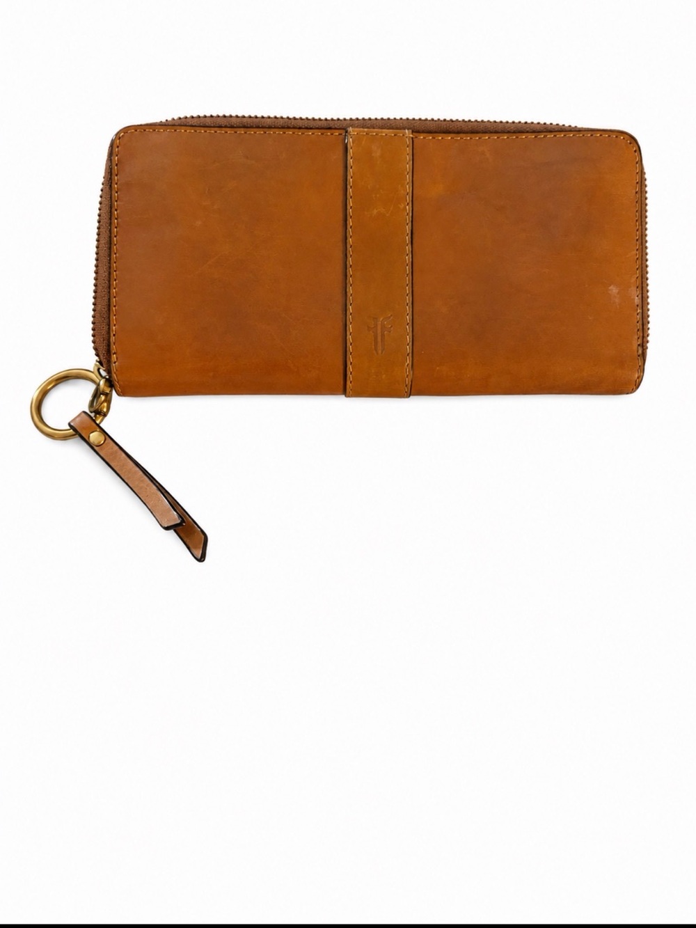 Frye Cognac Leather Zip Wallet with Wrist Ring